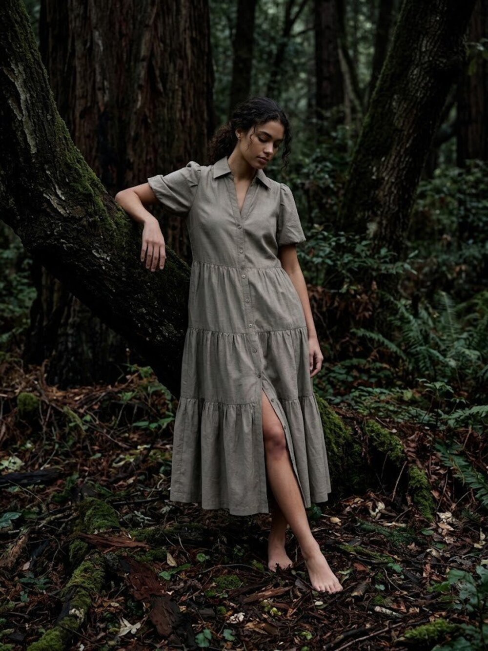 NWT Brochu Walker Havana Midi in Bayou Taupe Button Down Shirt Dress L